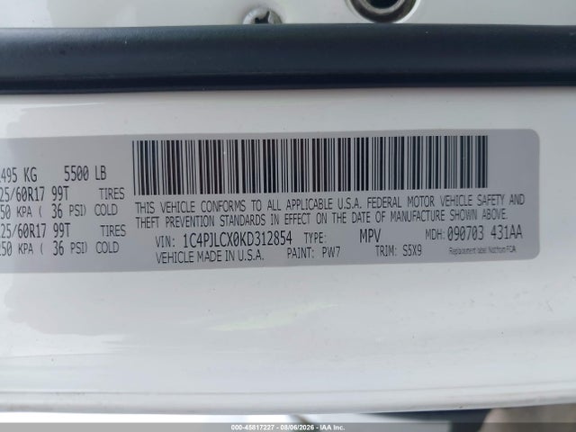 Aukcja sprzedaży 2019 Jeep Cherokee Latitude Fwd, vin: 1C4PJLCX0KD312854, numer aukcji: 45817227