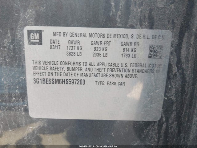 Продажа на аукционе авто 2017 Chevrolet Cruze Lt Auto, vin: 3G1BE6SM6HS597200, номер лота: 45817229