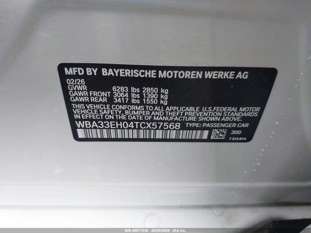 Продаж на аукціоні авто 2026 Bmw 740i Xdrive, vin: WBA33EH04TCX57568, номер лоту: 45817236