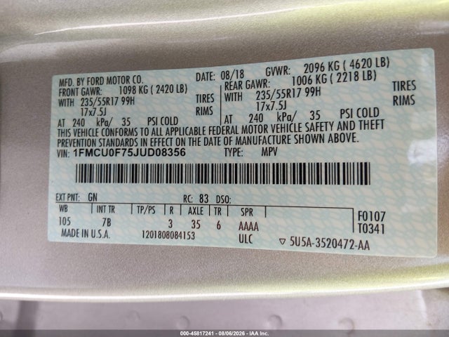 Продаж на аукціоні авто 2018 Ford Escape S, vin: 1FMCU0F75JUD08356, номер лоту: 45817241