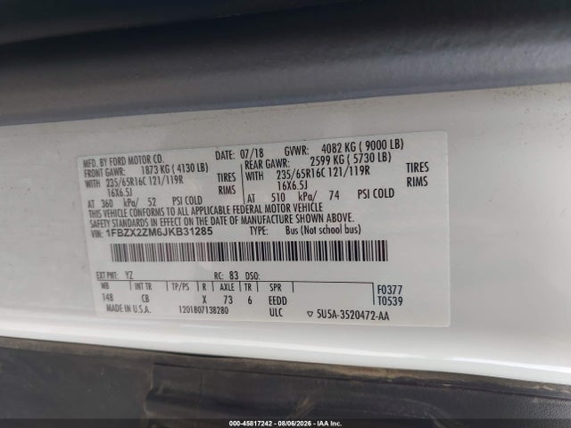 Продаж на аукціоні авто 2018 Ford Transit-350 Xl, vin: 1FBZX2ZM6JKB31285, номер лоту: 45817242