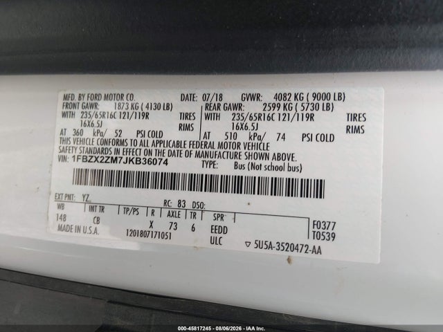 Продаж на аукціоні авто 2018 Ford Transit-350 Xl, vin: 1FBZX2ZM7JKB36074, номер лоту: 45817245