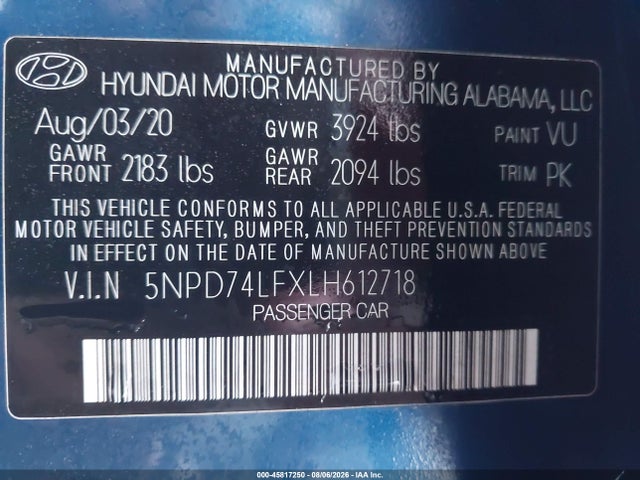 Продажа на аукционе авто 2020 Hyundai Elantra Se, vin: 5NPD74LFXLH612718, номер лота: 45817250