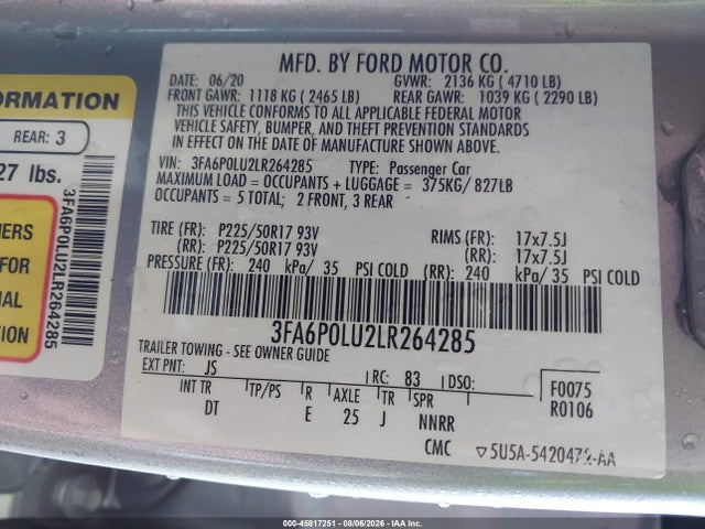 Продажа на аукционе авто 2020 Ford Fusion Hybrid Se, vin: 3FA6P0LU2LR264285, номер лота: 45817251