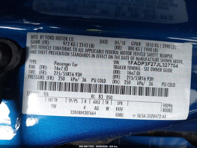 Продажа на аукционе авто 2018 Ford Focus Se, vin: 1FADP3F27JL327704, номер лота: 45817252