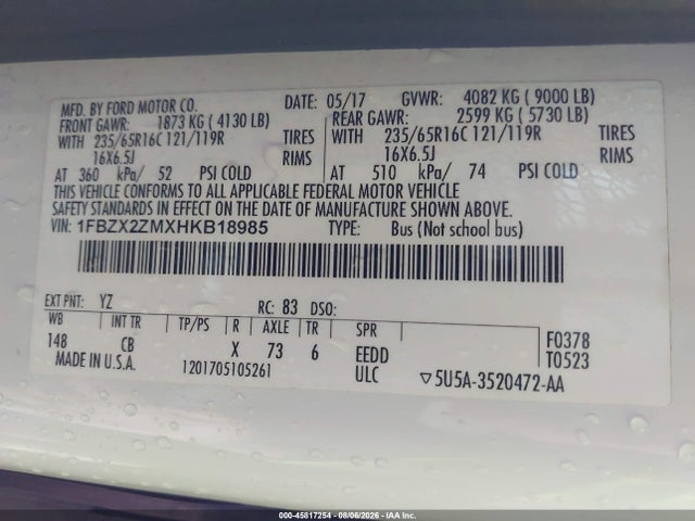Продажа на аукционе авто 2017 Ford Transit-350 Xl, vin: 1FBZX2ZMXHKB18985, номер лота: 45817254