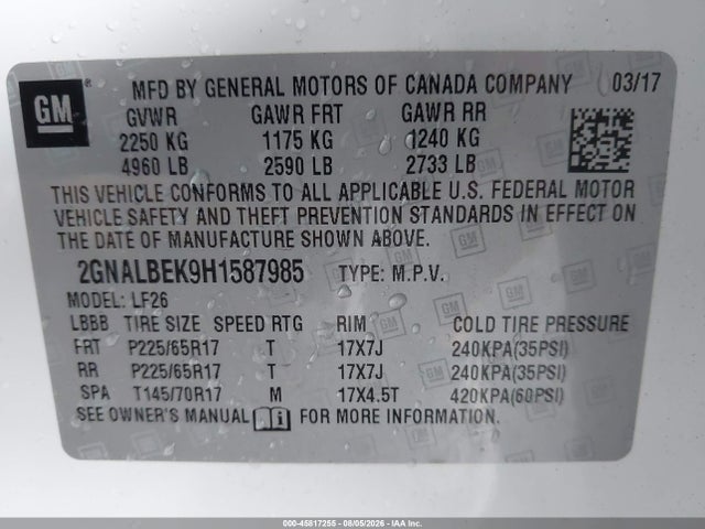 45817255 :رقم المزاد ، 2GNALBEK9H1587985 vin ، 2017 Chevrolet Equinox Ls مزاد بيع