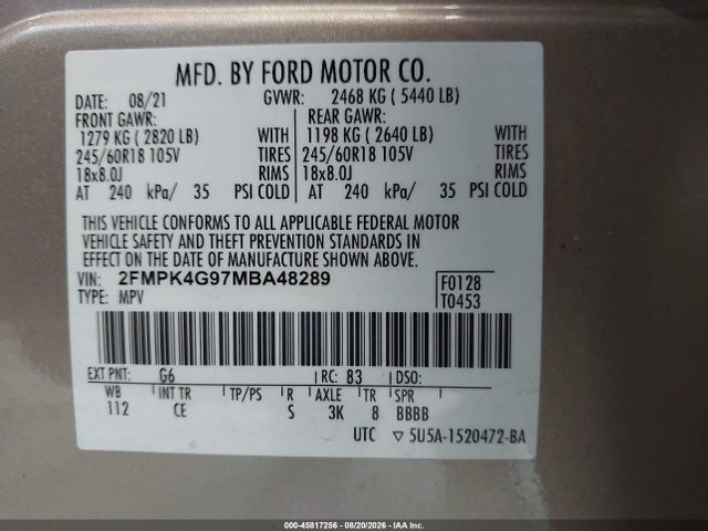 Продажа на аукционе авто 2021 Ford Edge Se, vin: 2FMPK4G97MBA48289, номер лота: 45817256