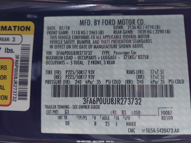 Продажа на аукционе авто 2018 Ford Fusion Hybrid S, vin: 3FA6P0UU8JR273732, номер лота: 45817257
