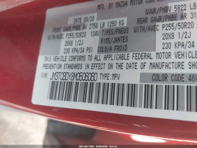 45817290 :رقم المزاد ، JM3TCBDY8M0506060 vin ، 2021 Mazda Cx-9 Grand Touring مزاد بيع