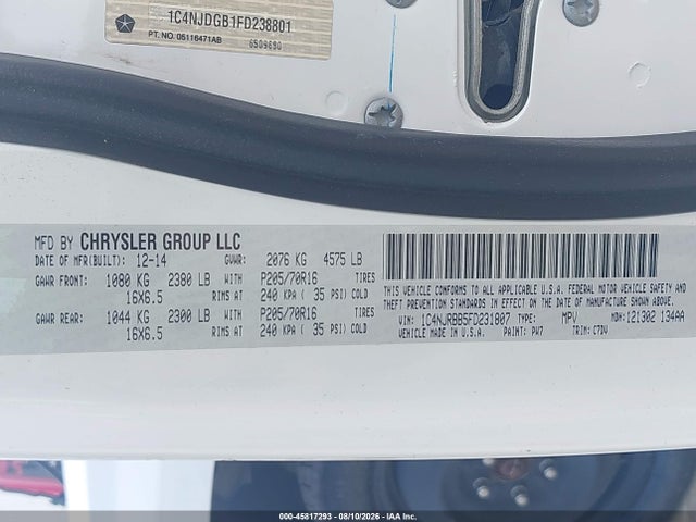2015 Jeep Patriot Sport მანქანა იყიდება აუქციონზე, vin: 1C4NJRBB5FD231807, აუქციონის ნომერი: 45817293