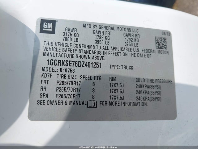 2013 Chevrolet Silverado 1500 Lt მანქანა იყიდება აუქციონზე, vin: 1GCRKSE76DZ401251, აუქციონის ნომერი: 45817301