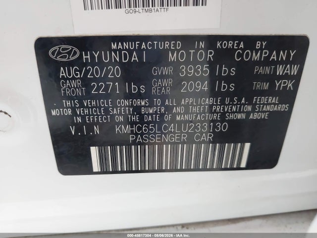 45817304 :رقم المزاد ، KMHC65LC4LU233130 vin ، 2020 Hyundai Ioniq Hybrid Blue مزاد بيع