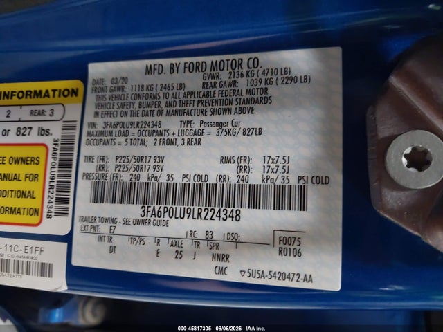 Продажа на аукционе авто 2020 Ford Fusion Hybrid Se, vin: 3FA6P0LU9LR224348, номер лота: 45817305