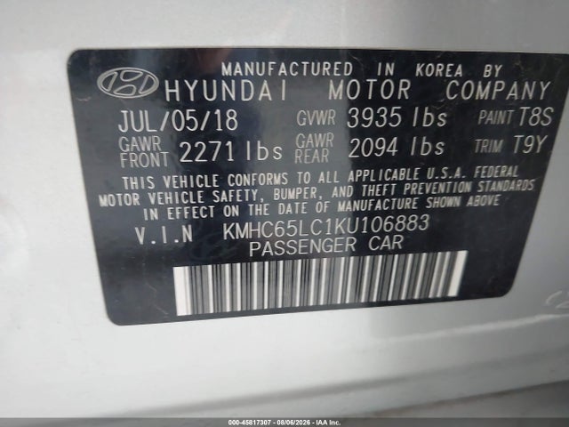 45817307 :رقم المزاد ، KMHC65LC1KU106883 vin ، 2019 Hyundai Ioniq Hybrid Blue مزاد بيع