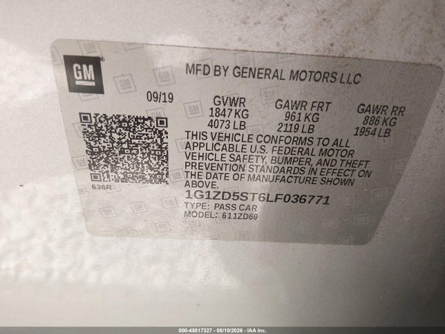 45817327 :رقم المزاد ، 1G1ZD5ST6LF036771 vin ، 2020 Chevrolet Malibu Fwd Lt مزاد بيع