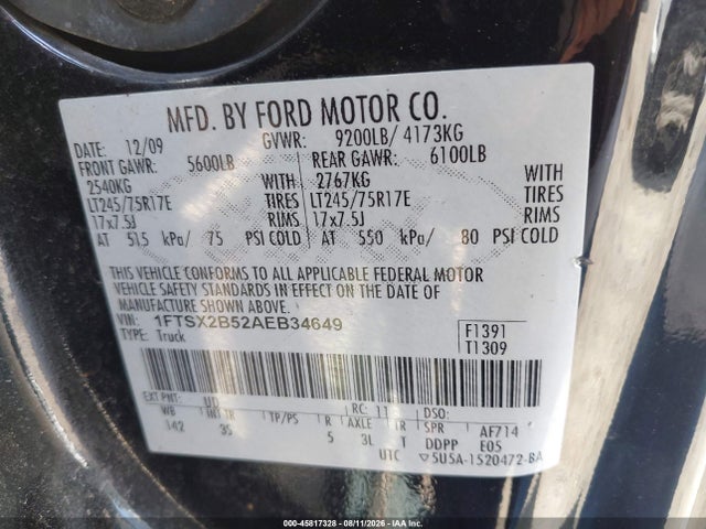 45817328 :رقم المزاد ، 1FTSX2B52AEB34649 vin ، 2010 Ford Super Duty F-250 Srw Lariat/xl/xlt مزاد بيع