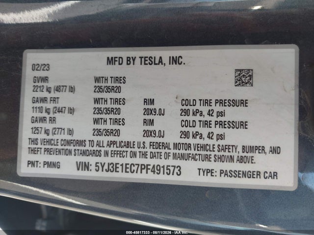 5YJ3E1EC7PF491573 Tesla Model 3 Performance Dual Motor All-wheel Drive