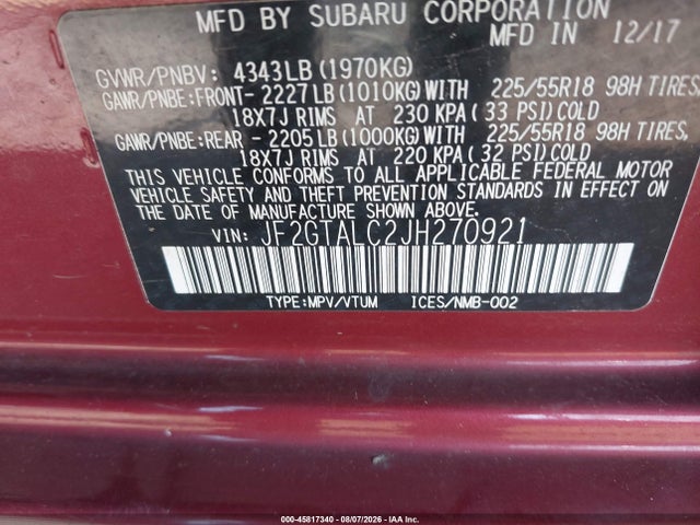 45817340 :رقم المزاد ، JF2GTALC2JH270921 vin ، 2018 Subaru Crosstrek 2.0i Limited مزاد بيع