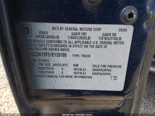 2005 Chevrolet Silverado 1500 Ls მანქანა იყიდება აუქციონზე, vin: 1GCEK19T35E145451, აუქციონის ნომერი: 45817342
