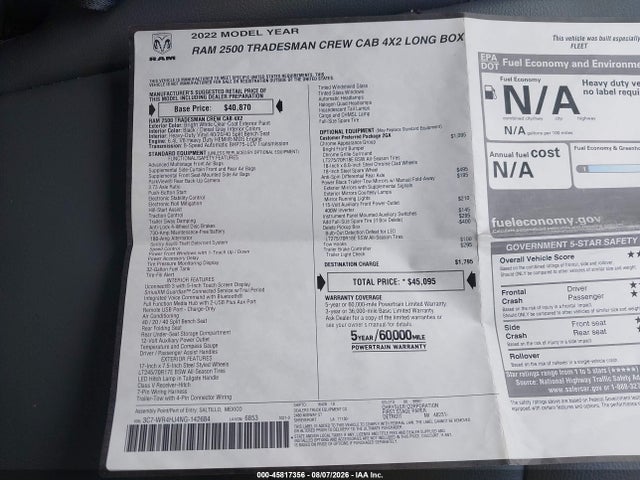 Aukcja sprzedaży 2022 Ram 2500 Tradesman  4x2 8' Box, vin: 3C7WR4HJ4NG142684, numer aukcji: 45817356