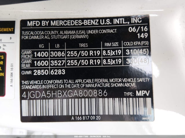 45817368 :رقم المزاد ، 4JGDA5HBXGA800886 vin ، 2016 Mercedes-benz Gle 350 4matic مزاد بيع