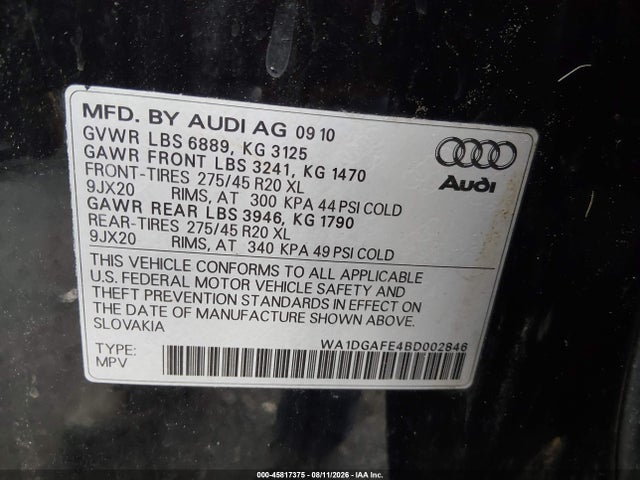 Продажа на аукционе авто 2011 Audi Q7 3.0t S Line Prestige, vin: WA1DGAFE4BD002846, номер лота: 45817375