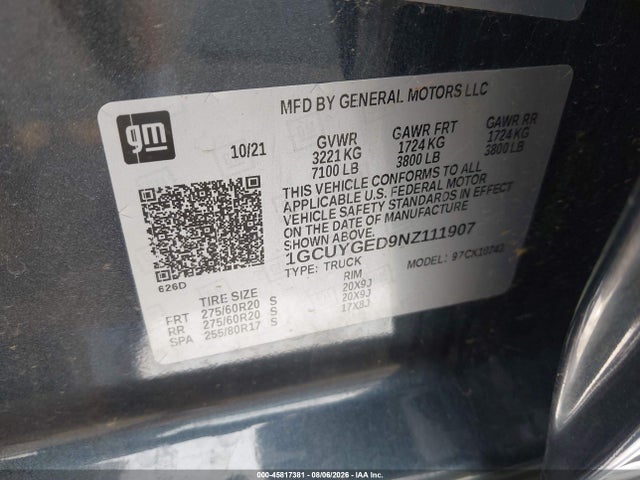 45817381 :رقم المزاد ، 1GCUYGED9NZ111907 vin ، 2022 Chevrolet Silverado 1500 Ltd 4wd  Standard Bed Ltz مزاد بيع
