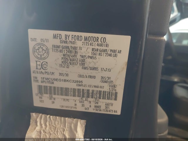 45817392 :رقم المزاد ، 1FMCU9EG1BKC32895 vin ، 2011 Ford Escape Limited مزاد بيع