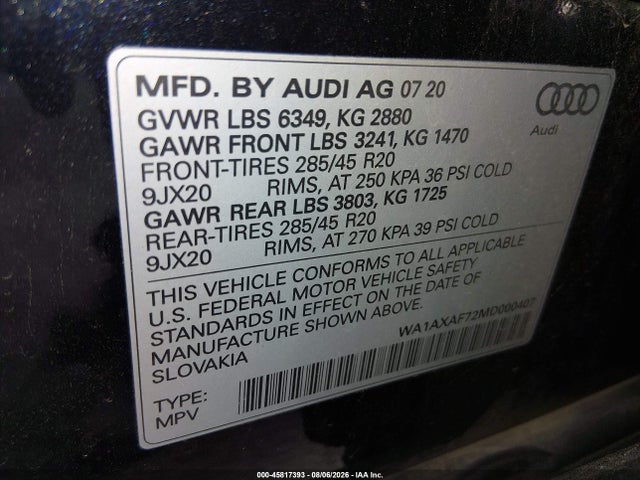 Продаж на аукціоні авто 2021 Audi Q7 Premium 55 Tfsi Quattro Tiptronic, vin: WA1AXAF72MD000407, номер лоту: 45817393