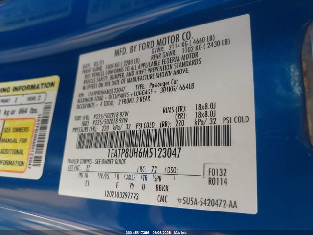 2021 Ford Mustang Ecoboost Premium მანქანა იყიდება აუქციონზე, vin: 1FATP8UH6M5123047, აუქციონის ნომერი: 45817396