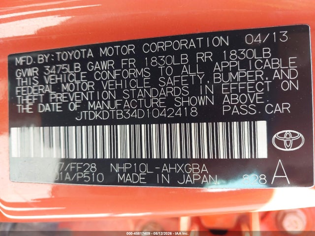 45817409 :رقم المزاد ، JTDKDTB34D1042418 vin ، 2013 Toyota Prius C Three مزاد بيع