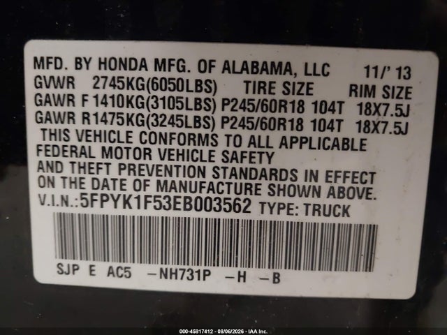 45817412 :رقم المزاد ، 5FPYK1F53EB003562 vin ، 2014 Honda Ridgeline Rtl مزاد بيع