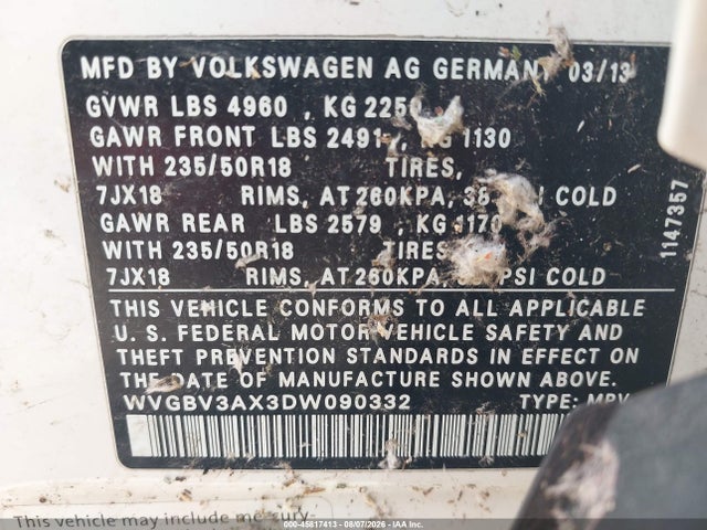 45817413 :رقم المزاد ، WVGBV3AX3DW090332 vin ، 2013 Volkswagen Tiguan Se مزاد بيع