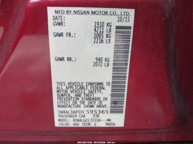 Продажа на аукционе авто 2015 Nissan Altima 2.5 S, vin: 1N4AL3AP1FC595365, номер лота: 45817436