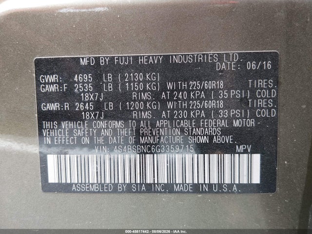 Aukcja sprzedaży 2016 Subaru Outback 2.5i Limited, vin: 4S4BSBNC6G3359715, numer aukcji: 45817442