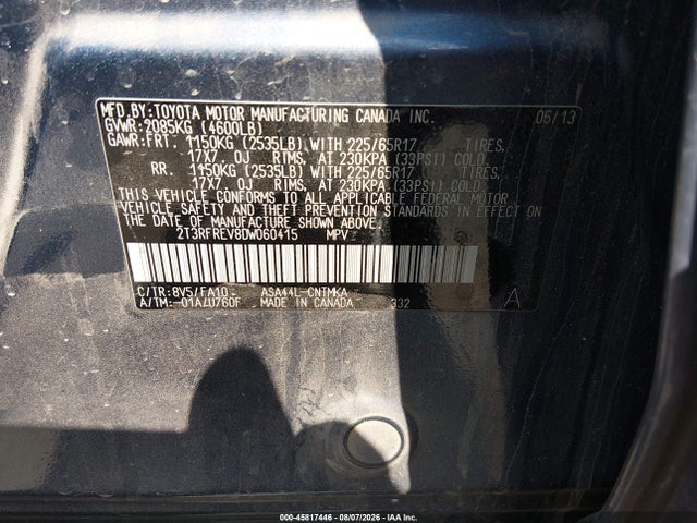 Продажа на аукционе авто 2013 Toyota Rav4 Xle, vin: 2T3RFREV8DW060415, номер лота: 45817446