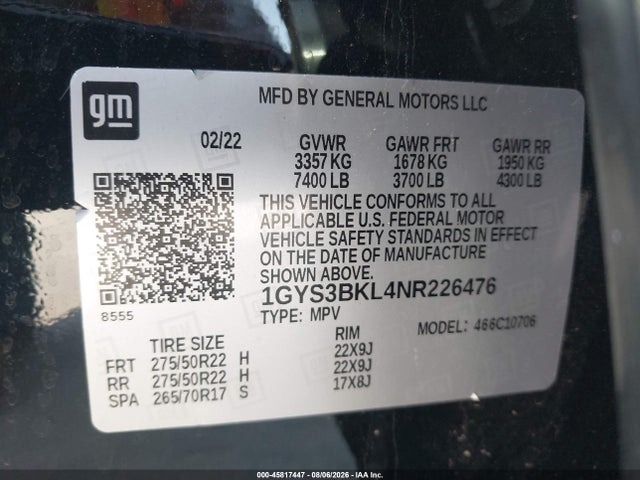 Auction sale of the 2022 Cadillac Escalade 2wd Premium Luxury, vin: 1GYS3BKL4NR226476, lot number: 45817447