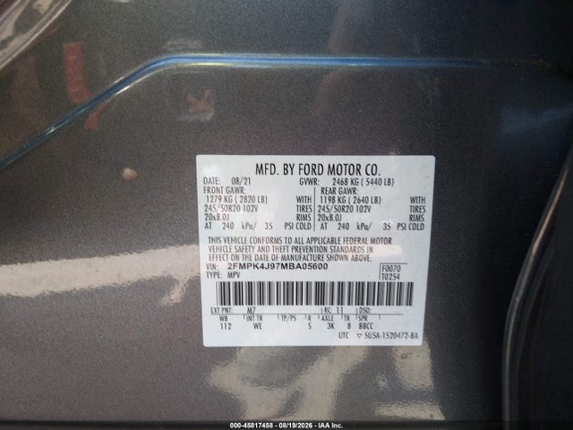 45817458 :رقم المزاد ، 2FMPK4J97MBA05600 vin ، 2021 Ford Edge St-line مزاد بيع