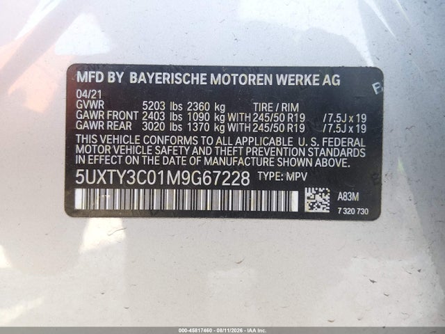 Aukcja sprzedaży 2021 Bmw X3 Sdrive30i, vin: 5UXTY3C01M9G67228, numer aukcji: 45817460