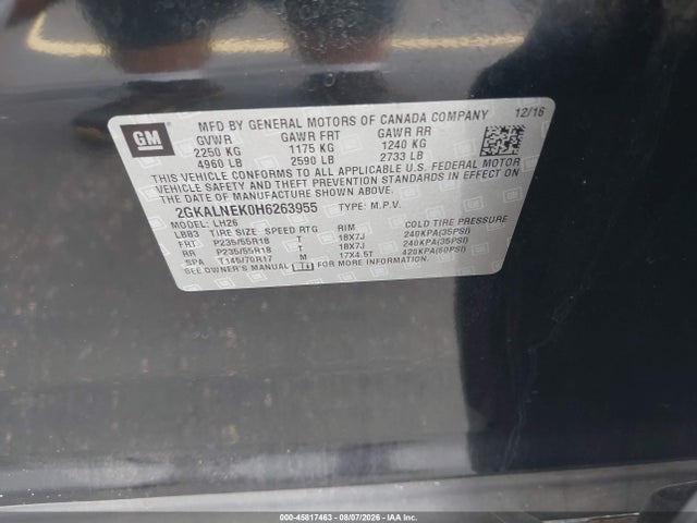 45817463 :رقم المزاد ، 2GKALNEK0H6263955 vin ، 2017 Gmc Terrain Sle-2 مزاد بيع