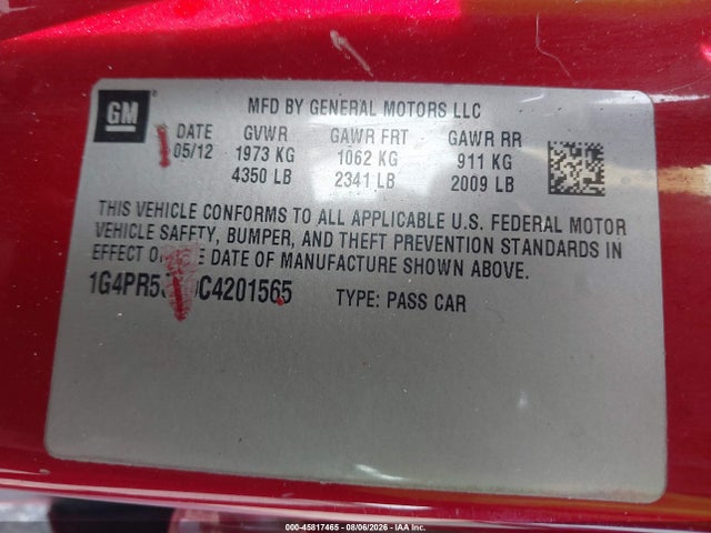 45817465 :رقم المزاد ، 1G4PR5SK9C4201565 vin ، 2012 Buick Verano Convenience Group مزاد بيع