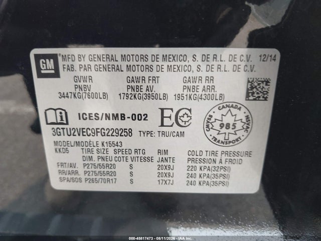 Aukcja sprzedaży 2015 Gmc Sierra 1500 Slt, vin: 3GTU2VEC9FG229258, numer aukcji: 45817473