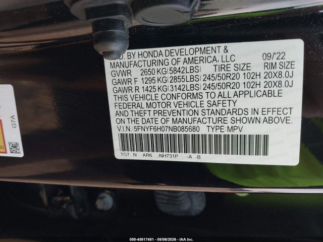 2022 Honda Pilot Awd Elite მანქანა იყიდება აუქციონზე, vin: 5FNYF6H07NB085680, აუქციონის ნომერი: 45817481