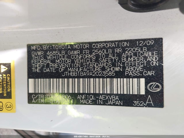 Aukcja sprzedaży 2010 Lexus Hs 250h, vin: JTHBB1BA9A2023585, numer aukcji: 45817484