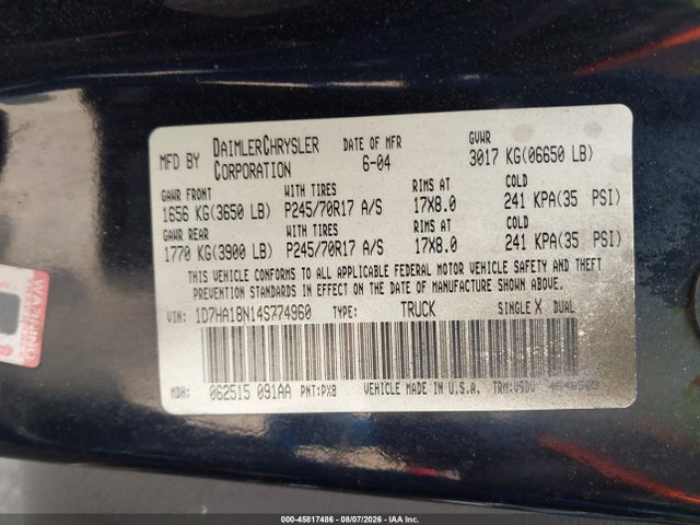 Aukcja sprzedaży 2004 Dodge Ram 1500 Slt/laramie, vin: 1D7HA18N14S774960, numer aukcji: 45817486