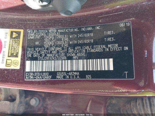 Aukcja sprzedaży 2019 Toyota Highlander Xle, vin: 5TDJZRFH7KS702988, numer aukcji: 45817491