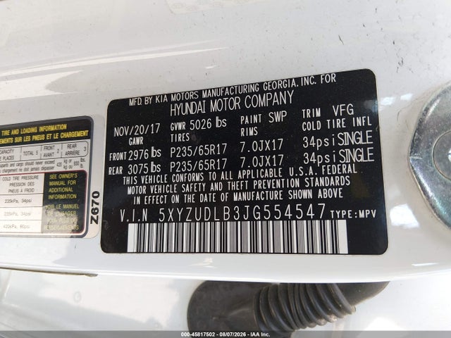 2018 Hyundai Santa Fe Sport 2.4l მანქანა იყიდება აუქციონზე, vin: 5XYZUDLB3JG554547, აუქციონის ნომერი: 45817502