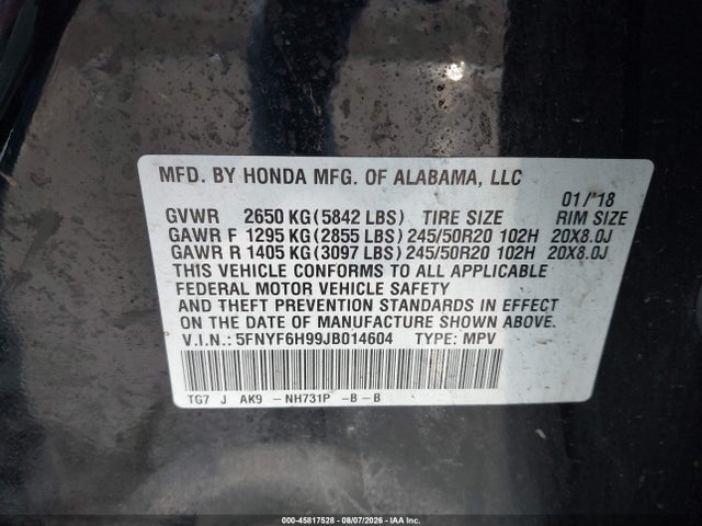 Aukcja sprzedaży 2018 Honda Pilot Touring, vin: 5FNYF6H99JB014604, numer aukcji: 45817528