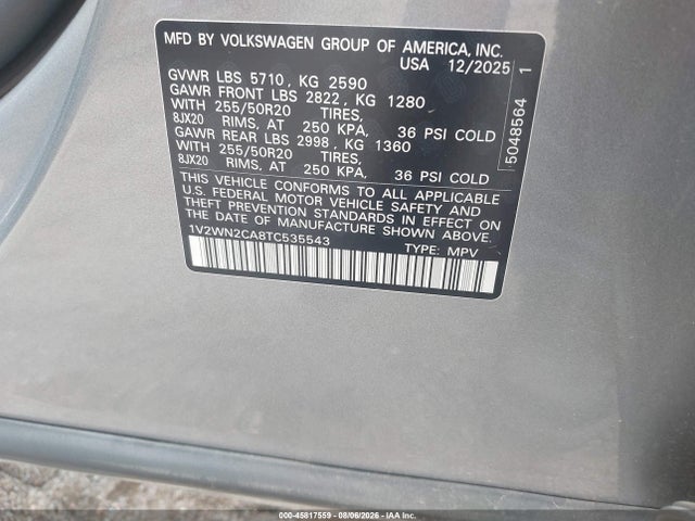 Aukcja sprzedaży 2026 Volkswagen Atlas Se With Technology, vin: 1V2WN2CA8TC535543, numer aukcji: 45817559